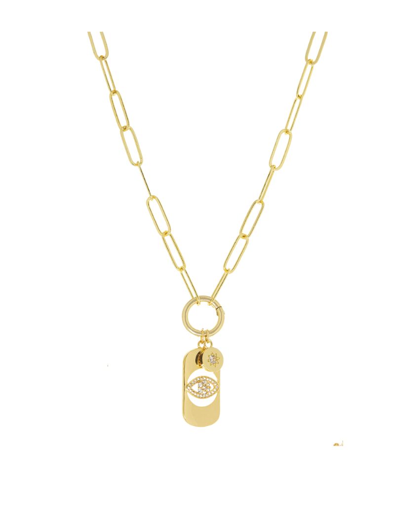 3814N Gold Link Chain Necklace with Paved Evil Eye Dog Tag