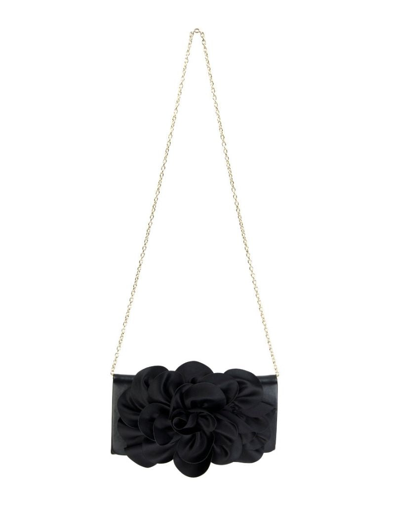 Soft Nappa Flap Clutch with Satin Rose Detail SRB-E3763 Black