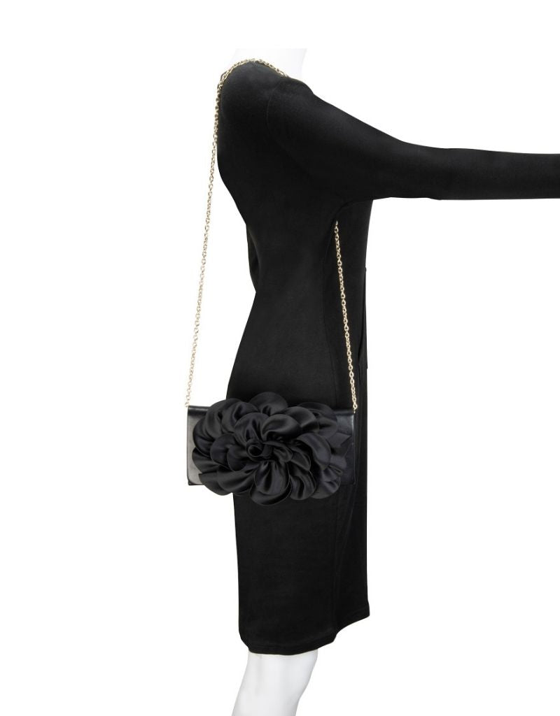 Soft Nappa Flap Clutch with Satin Rose Detail SRB-E3763 Black
