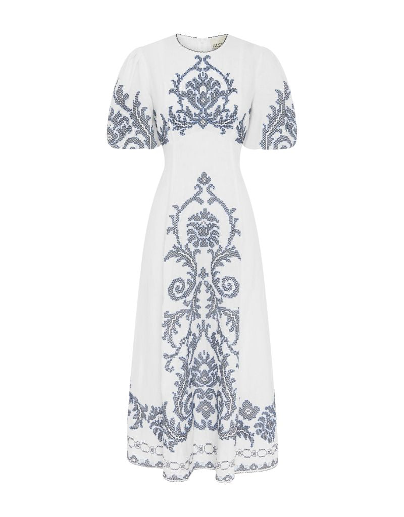 Alemais Hazel Embroidered Midi Dress White | Elegant Linen Dress