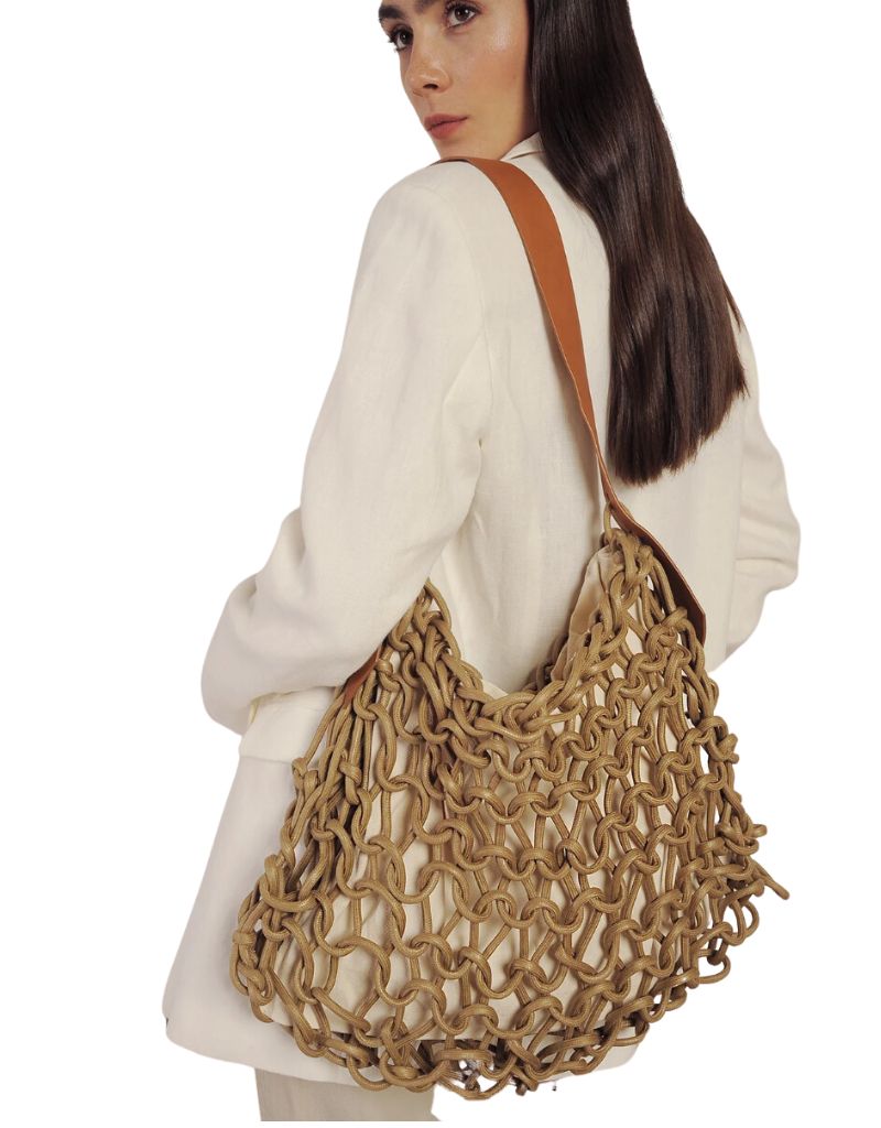 Alienina Alia Waxed Cotton Bag Camel with Caramel Leather Strap