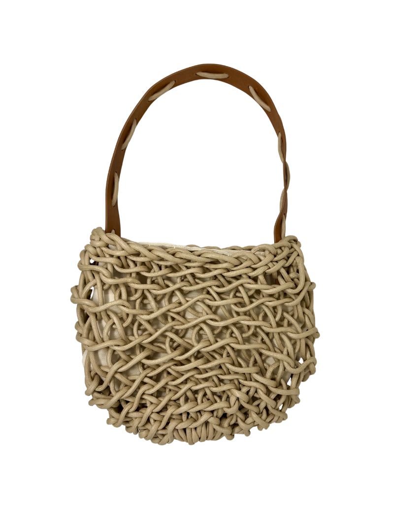 Alienina Naira Waxed Cotton Bag Sand with Caramel Leather