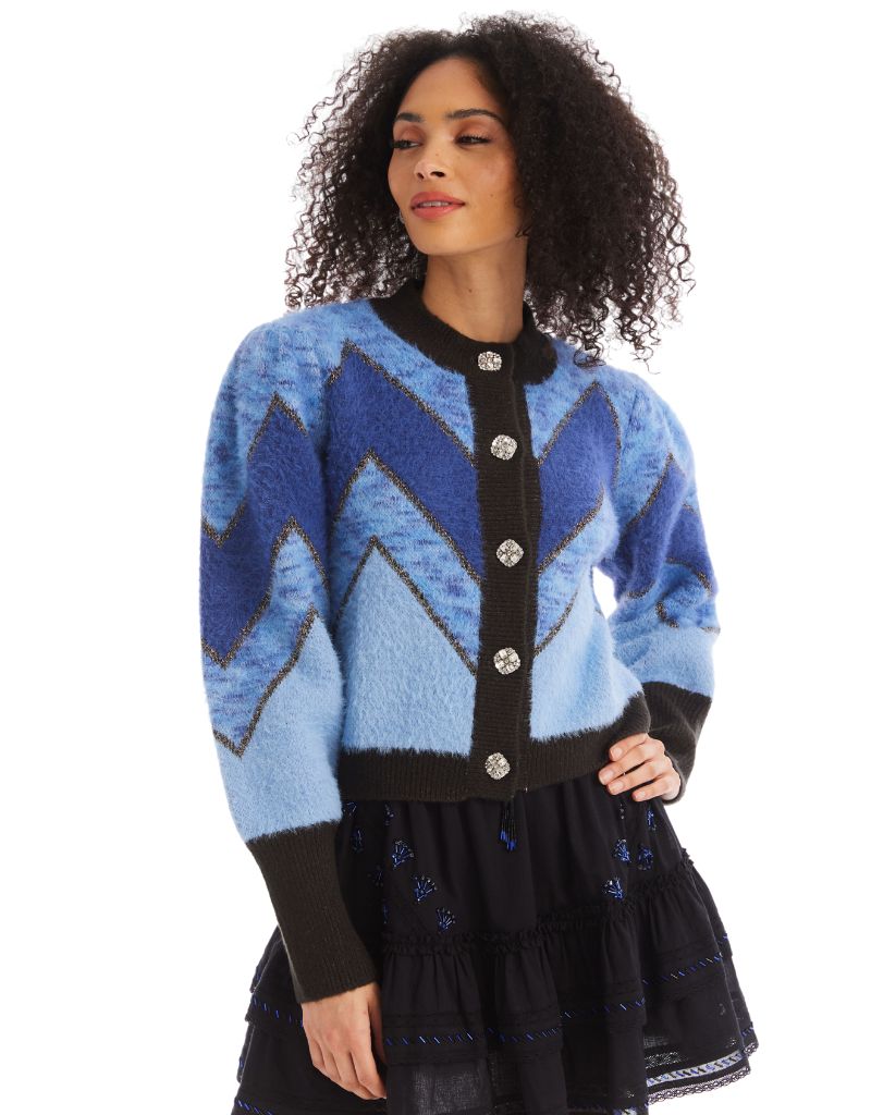 Allison Fuzzy Chevron Cardigan Blue Multi