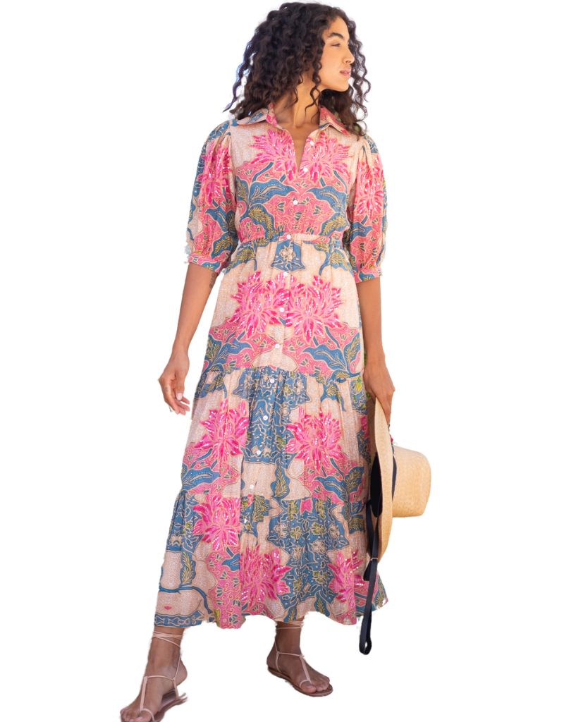 Bell Blair Maxi Dress Embroidered Beige Pink Floral