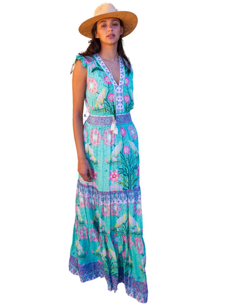 Bell by Alicia Bell Annabelle Maxi Dress Green Pink Bird Print 3