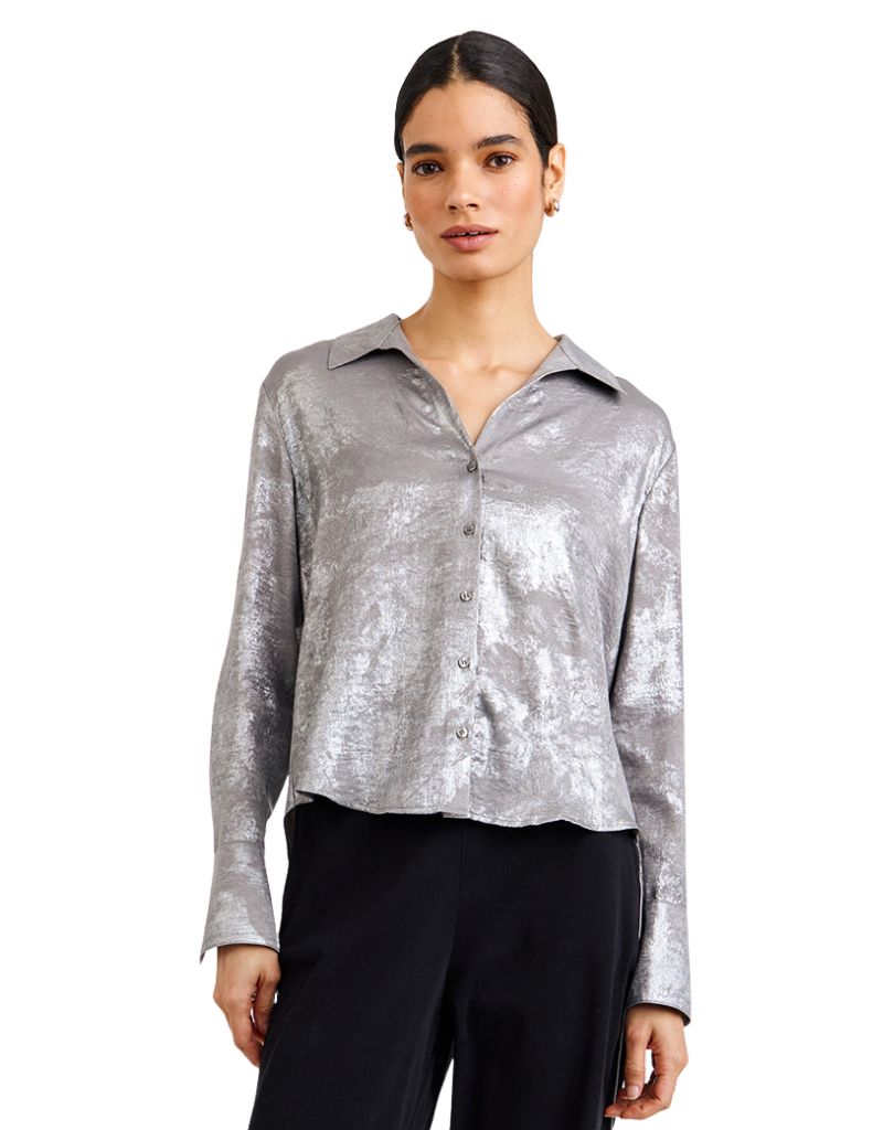 Bella Dahl Flowy Wide Collar Button Down Silver Distress Foil