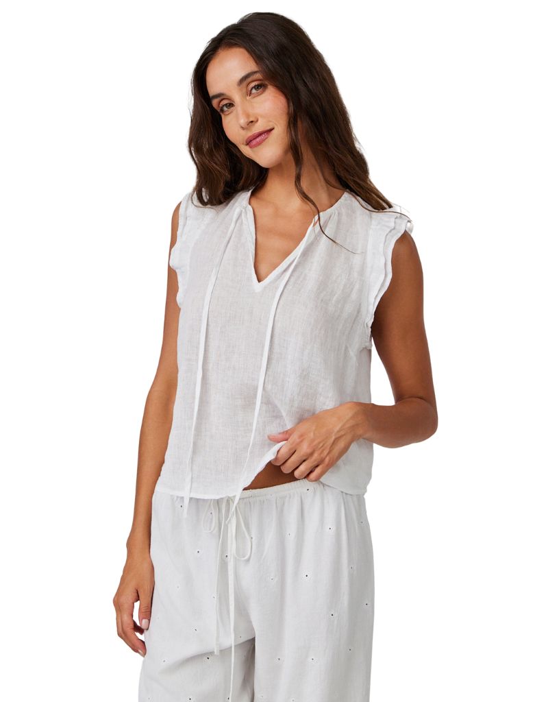Bella Dahl Ruffle Sleeve Tie Neck Top White