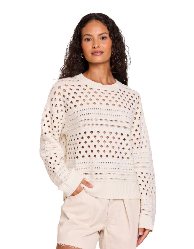 Brodie Mixed Pointelle Crew White