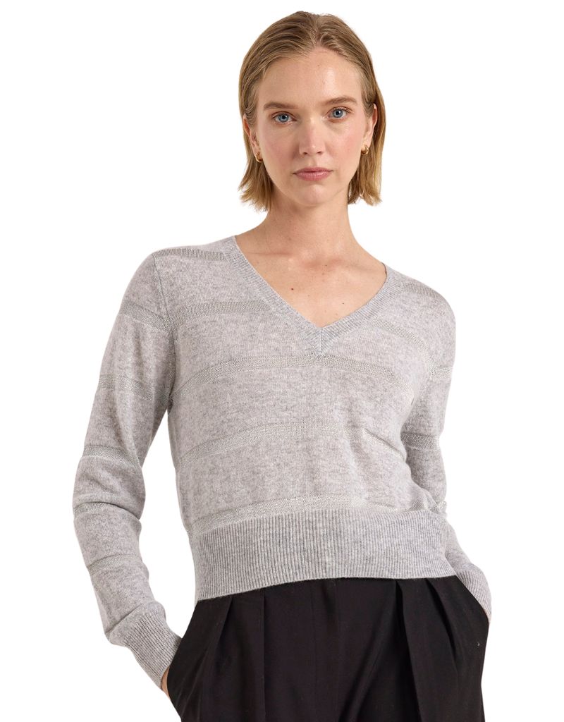 Brodie Simone Lurex Stripe V Neck Super Grey SIlver