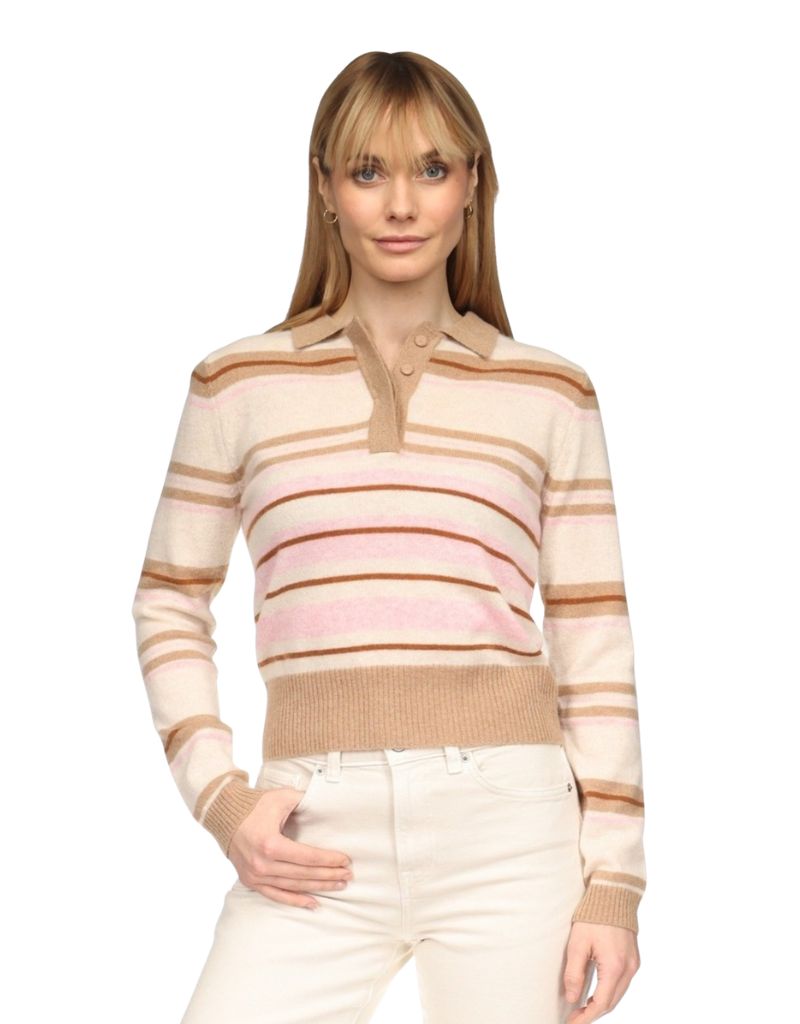 Brodie Slim Fit Stripey Polo Lace Camel Crystal Pink Caramel