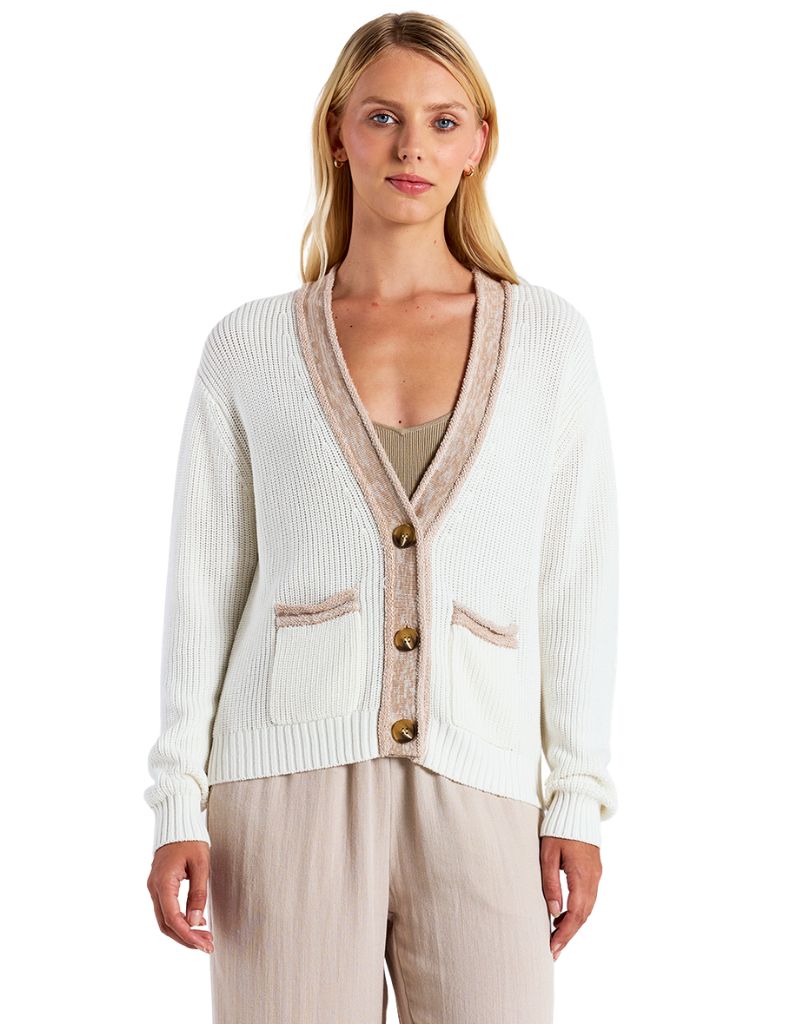 Brodie Wispr Contrast Effect Trim Cardigan Ivory Light Brown