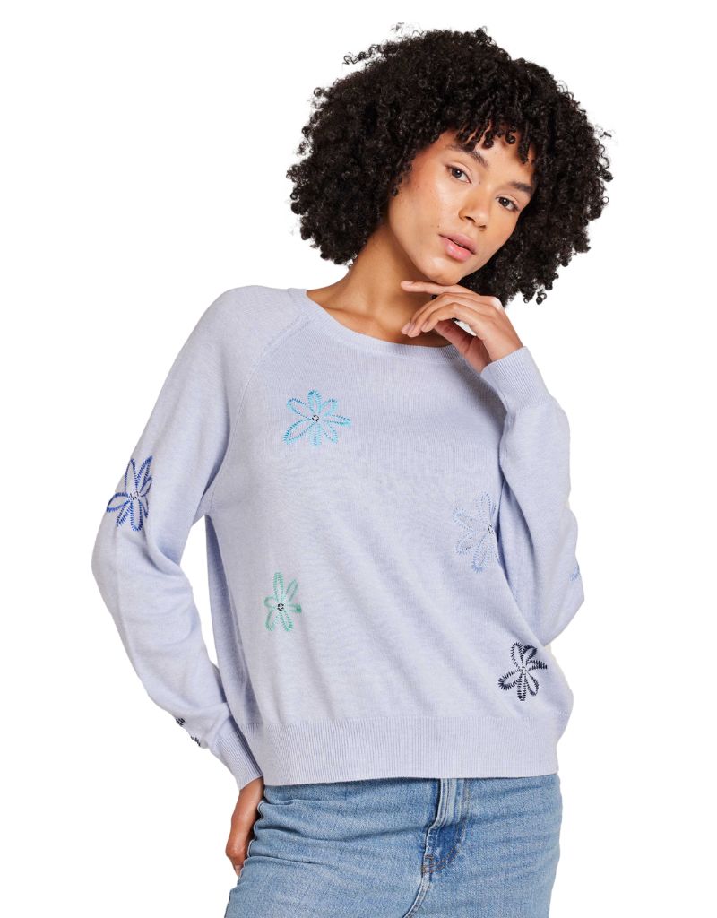 Brodie Wispr Scatter Floral Embroidery Crew Frost Blue