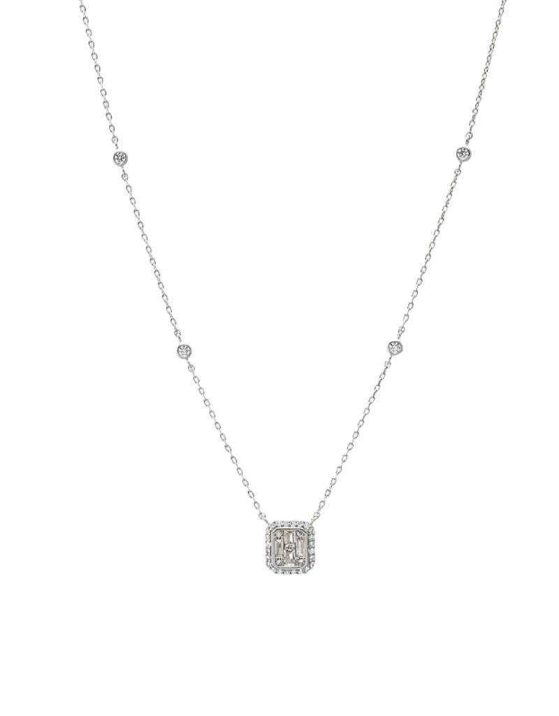 CZ Pave X Baguette Halo Pendant Necklace Silver