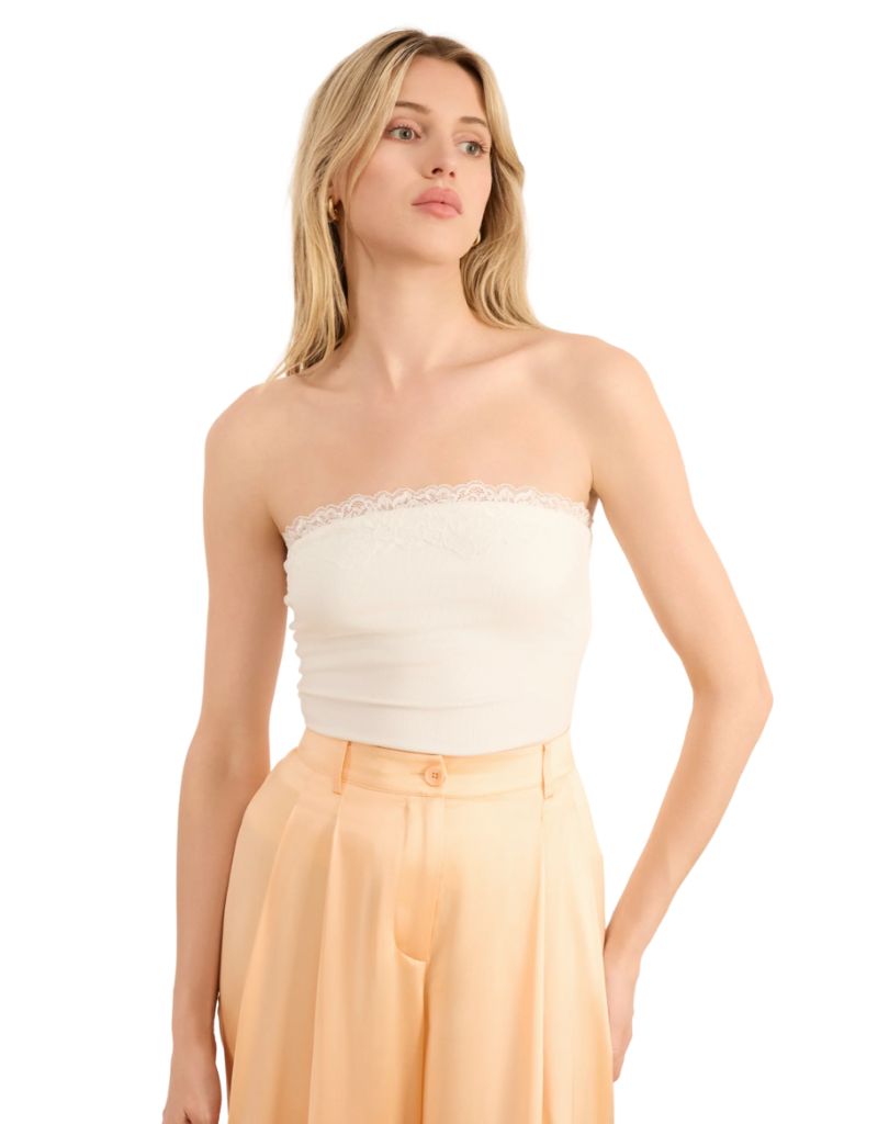 Cami NYC Rama Strapless Rib Knit Camisole White on model