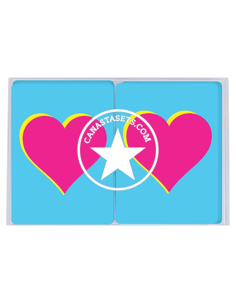 Canasta Sets.com Playing Cards Plastic PVC Pink Heart on Blue Background