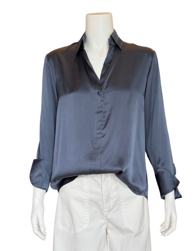 Catherine Gee Daria French Cuff Silk Blouse Blue Steel