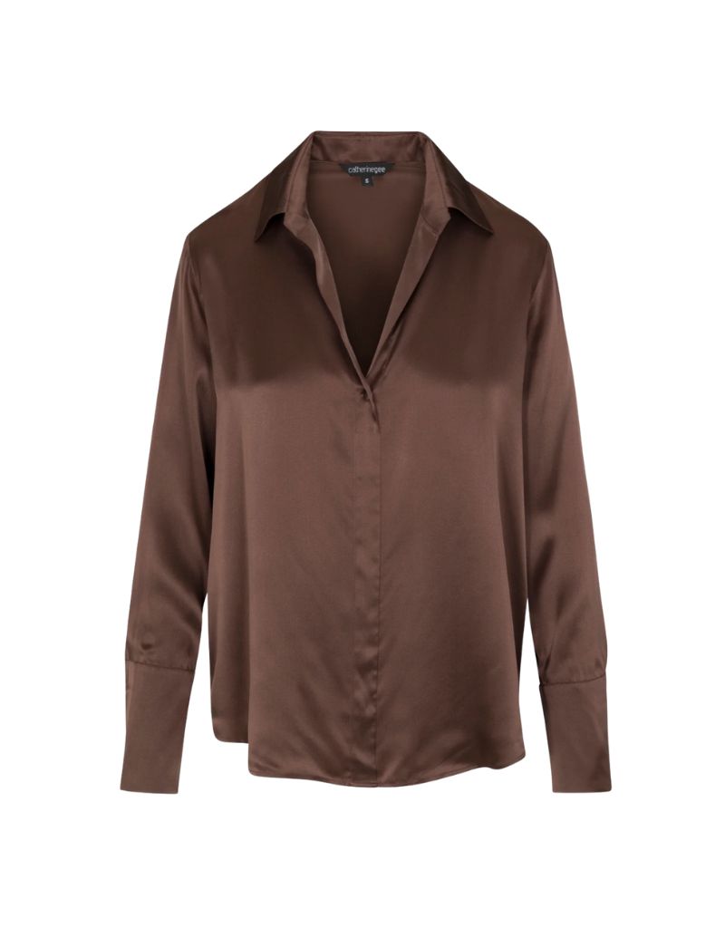 Catherine Gee Daria French Cuff Silk Blouse Coffee