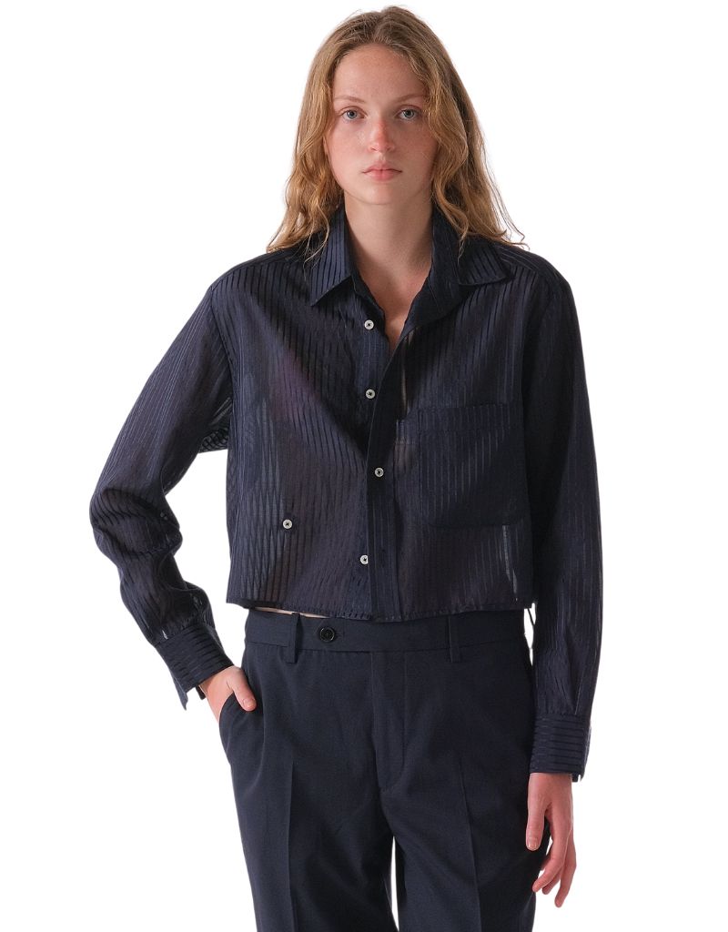 Cissa | The SHORTY Shirt Cotton Silk Navy Sheer Stripe
