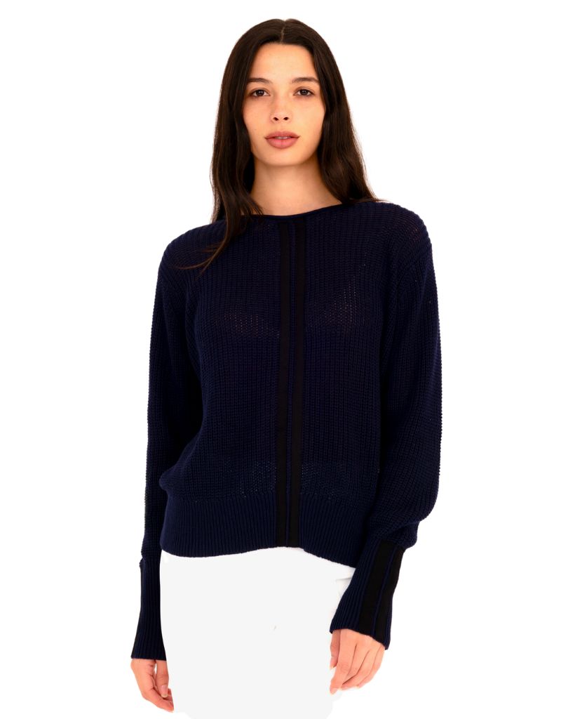 Delilah Cotton Waffle Knit Crew Neck Top Indigo