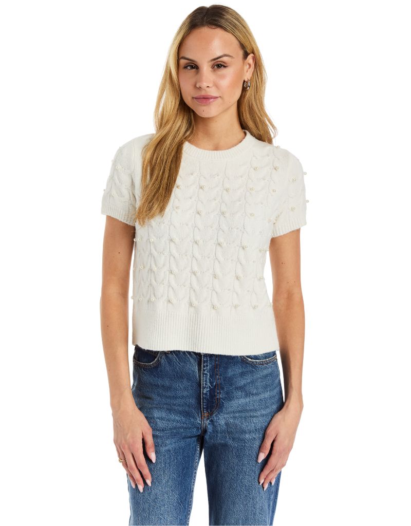 Drew Clothing Eloise Short Sleeve Sweater with Pearls Ivory