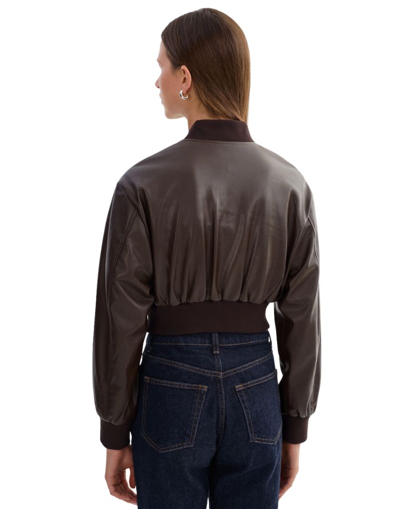 Evelin Faux Leather Cropped Bomber Dark Brown
