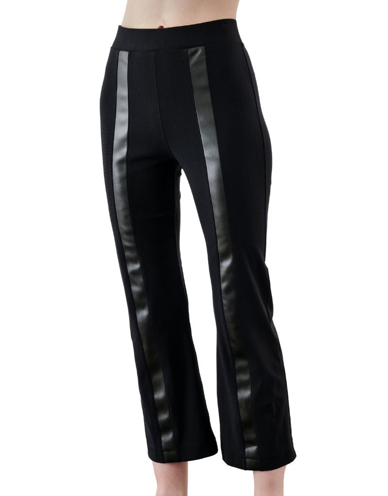 Elaine Kim Anita Tech Stretch Cropped Flare Pant Vegan Leather Stripe