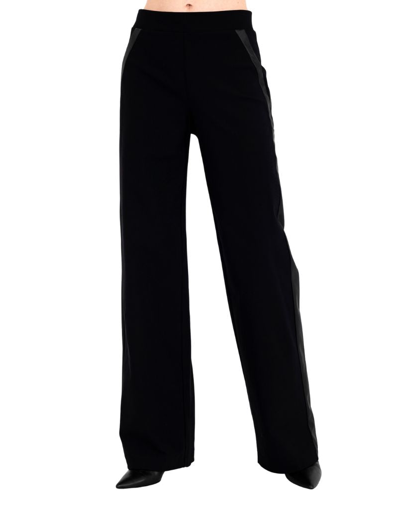 Elaine Kim Clovis Tech Stretch Slouchy Pants with Vegan Leather Stripe Black