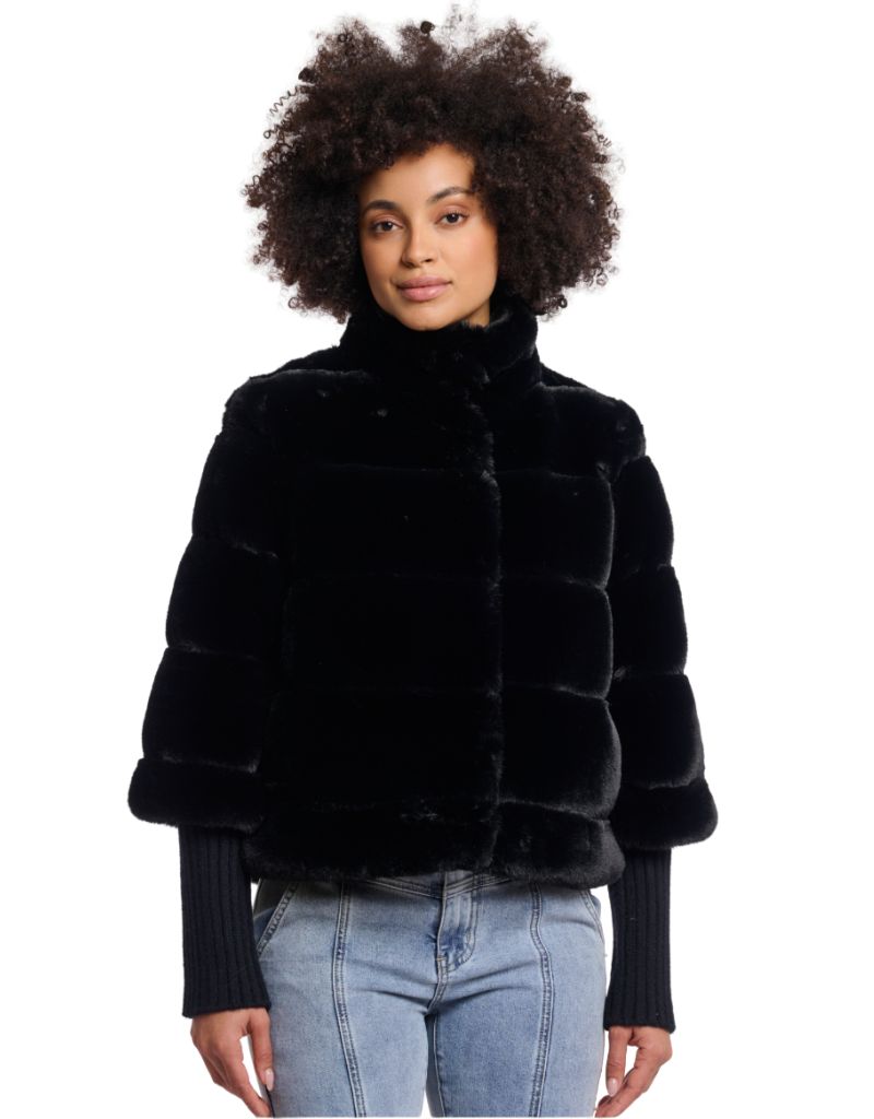 Feline Faux Fur Jacket with Knitted Sleeves Black