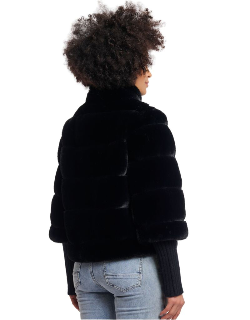 Feline Faux Fur Jacket with Knitted Sleeves Black
