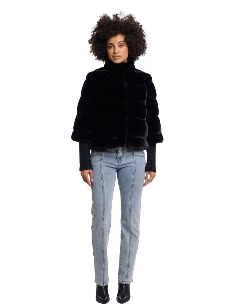 Feline Faux Fur Jacket with Knitted Sleeves Black
