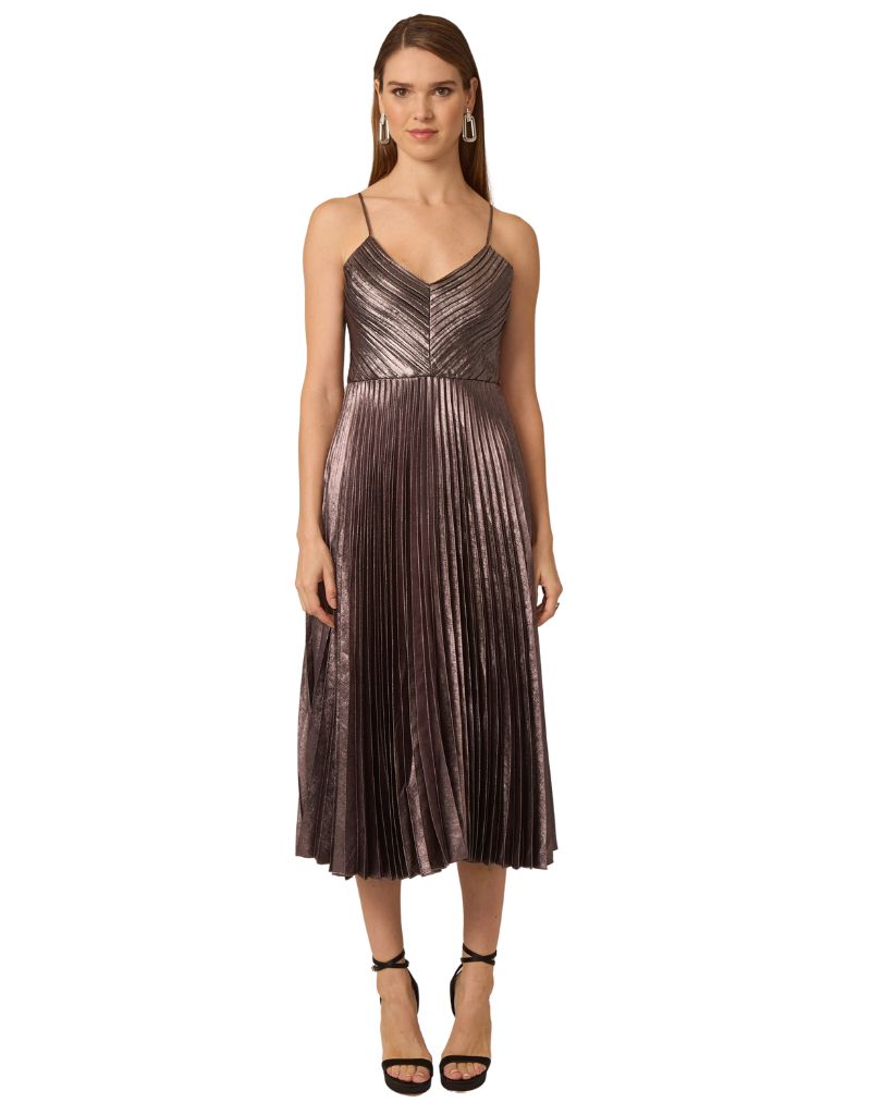 silver pleated midi dress Black Midi Dress In Metallic Viscose