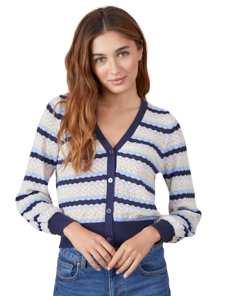 &Isla Ayla Pointelle Stripe V Cardigan Navy Multi