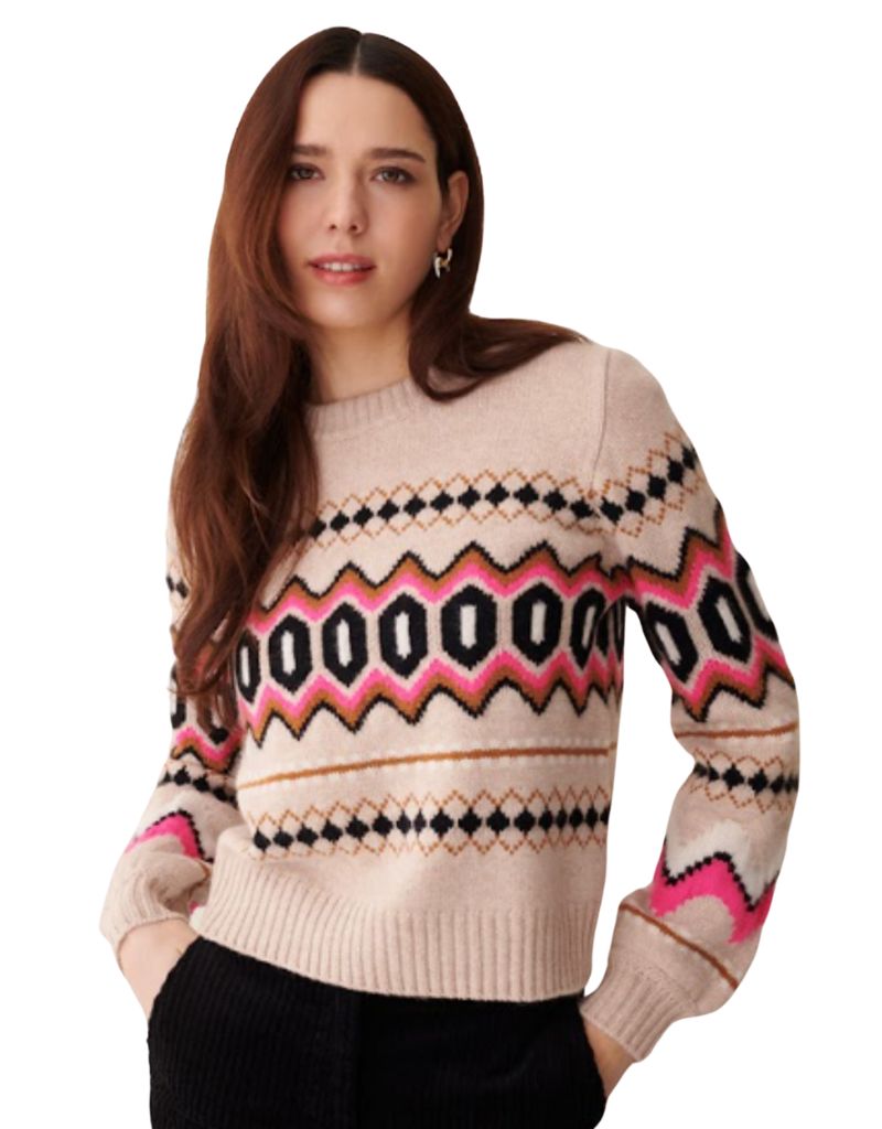 &Isla Eden Oversized Fairisle Crew Light Fawn Multi