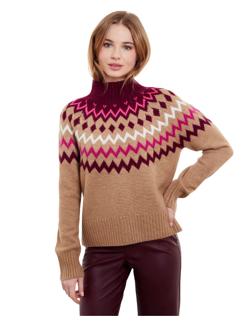 &Isla Sara Oversized Fairisle Mock Neck Almond Multi