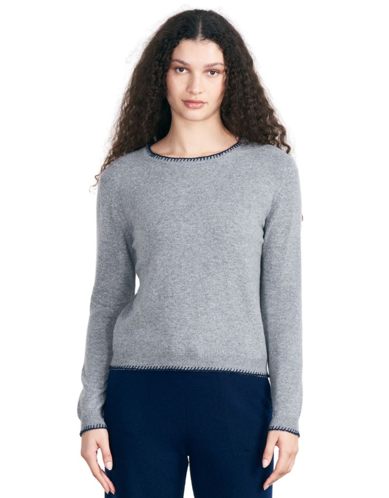 Jumper 1234 Blanket Stitch Crew Mid Grey Navy