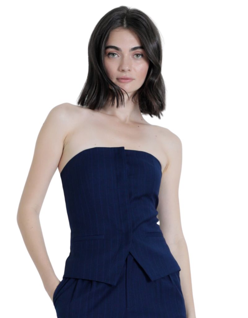 Karina Grimaldi Zoe Strapless Top Navy Pinstripe