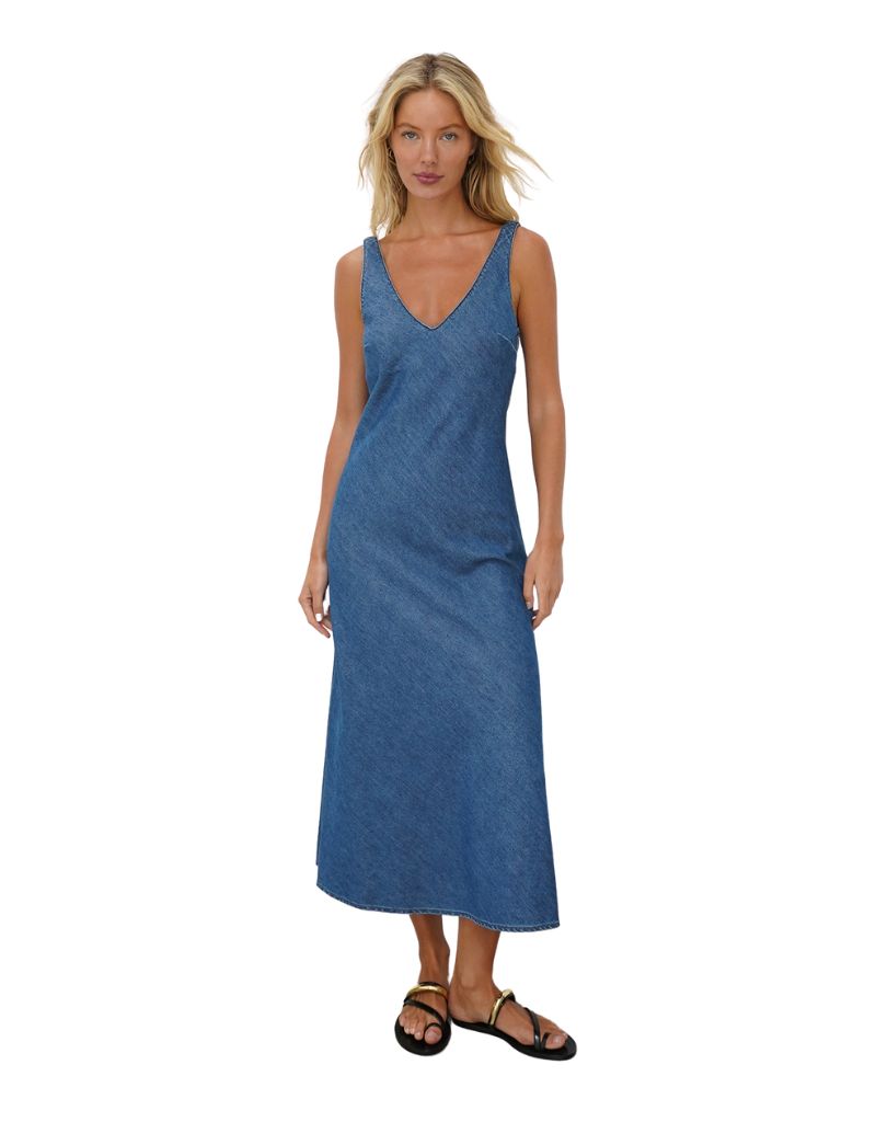 LNA Denim V Slip Dress Blue