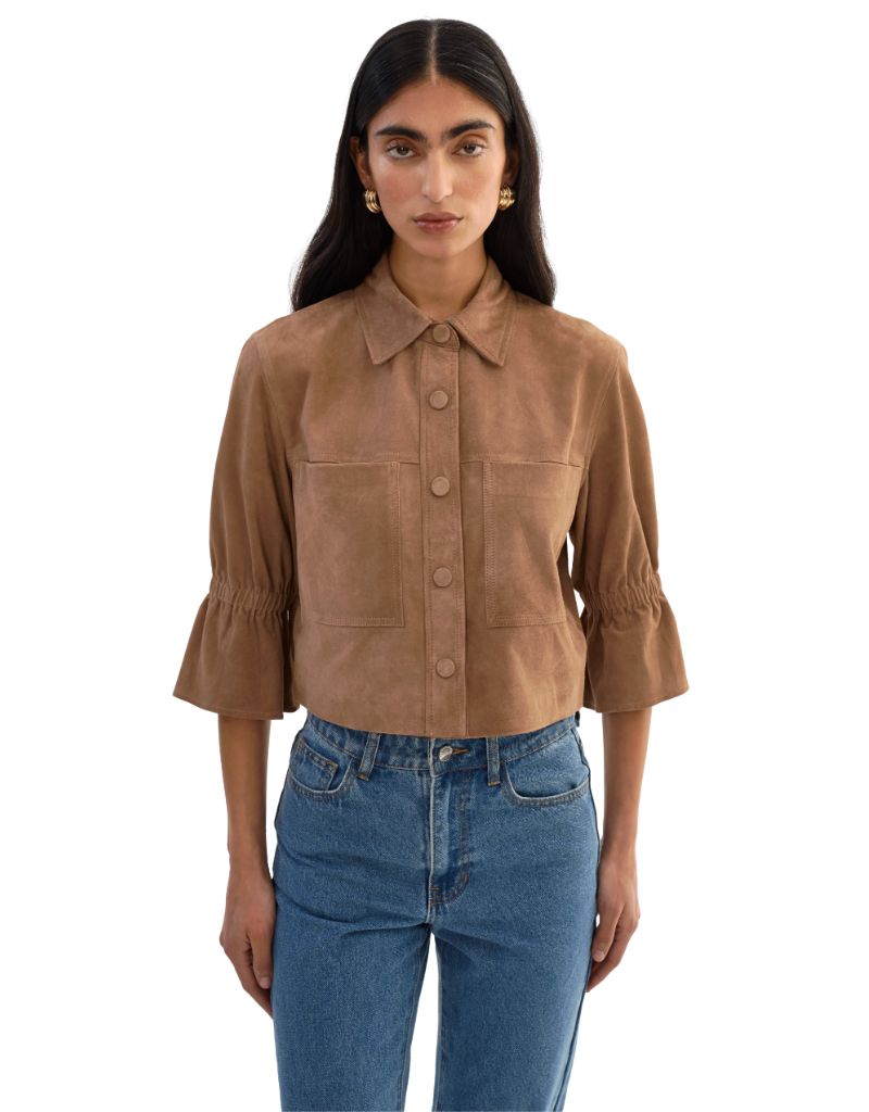 Lamarque Carolina S Suede Ruffle Sleeve Jacket Latte