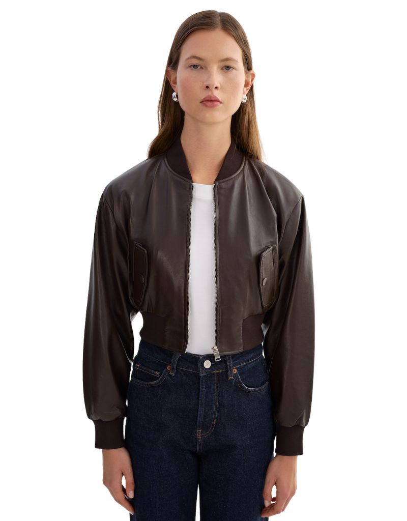 Lamarque Evelin Faux Leather Cropped Bomber Dark Brown