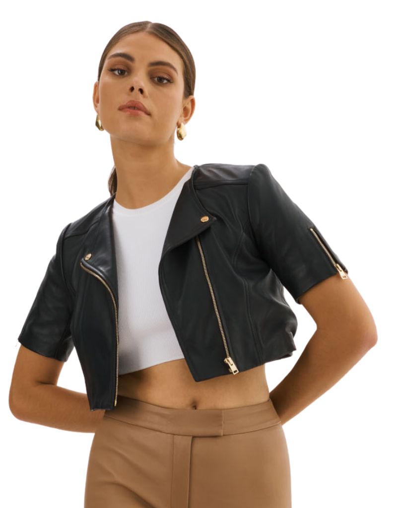 Lamarque Kirsi 21 Leather Crop Jacket Black Gold Hardware