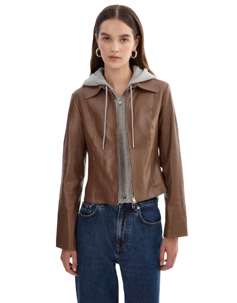 Lamarque Sally Leather Biker Jacket Tan Heather Grey