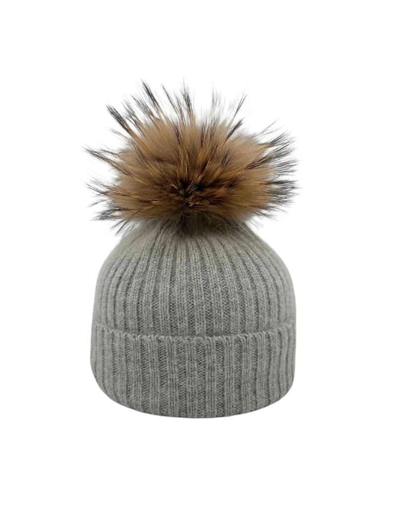 Linda Richards HA-11 Rib Hat with Pom Light Grey