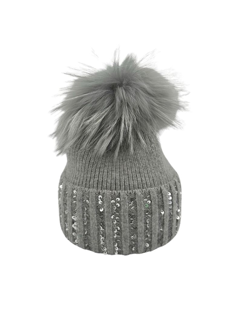 Linda Richards HA-163 Blend Ribbed Knit Hat Sequin Fold Dove Grey