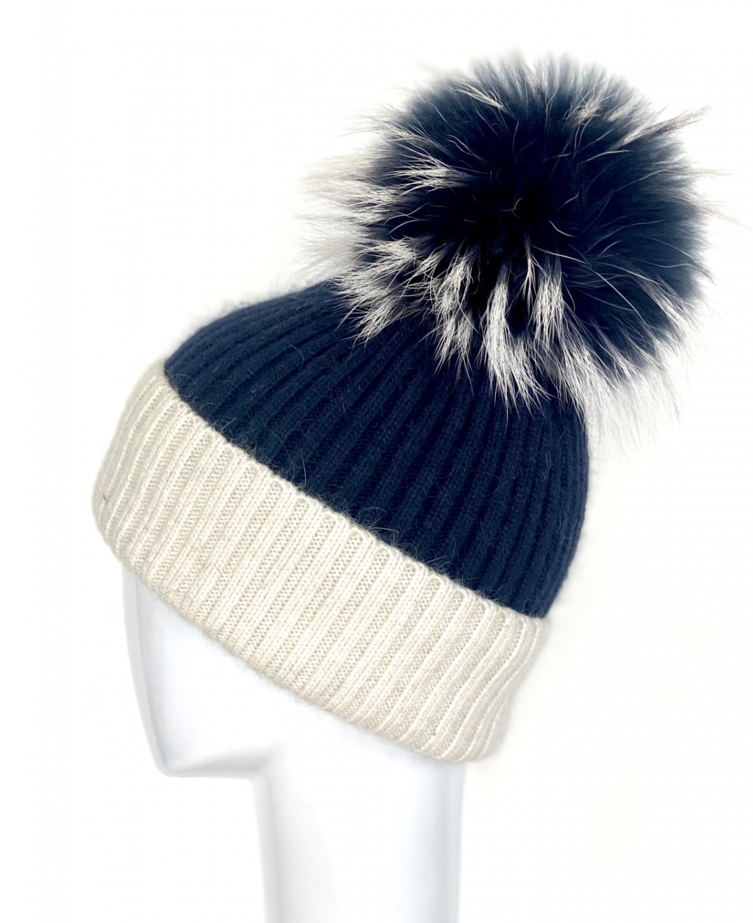 Linda Richards Linda Richards HA-68 Two-Tone Knit Hat Navy/White
