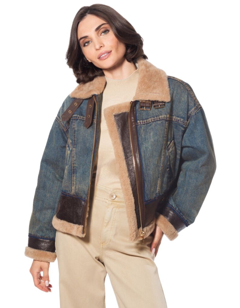Linda Richards Mixed Media Denim and Down Jacket Taupe DM-22