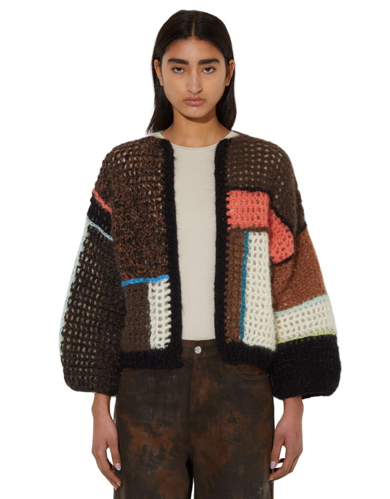 Maiami Crochet Patchwork Bomber Cardigan Dark Brown