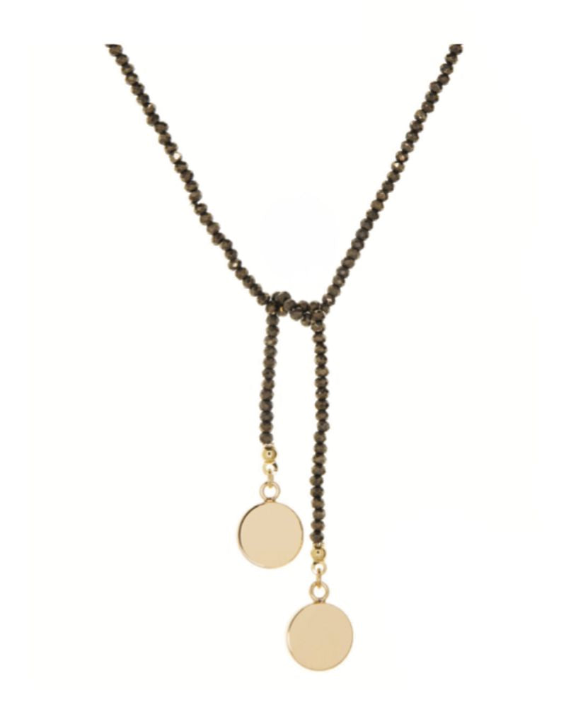 Marlyn Schiff 3734N Gold Plated Pyrite 20" Beaded Lariat with Disc Charms