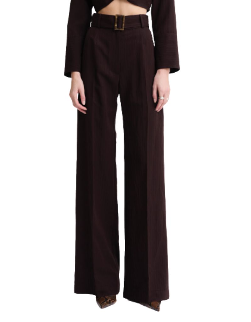 Matthew Bruch Belted Wide Leg Trouser Chocolate Brown Stripe Viscose