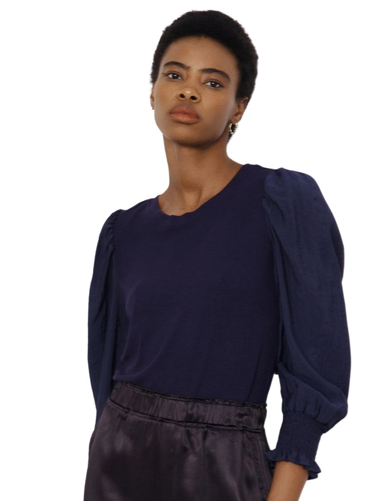 Melissa Nepton Philipa Rib and Soft Poly Blouse Midnight Navy