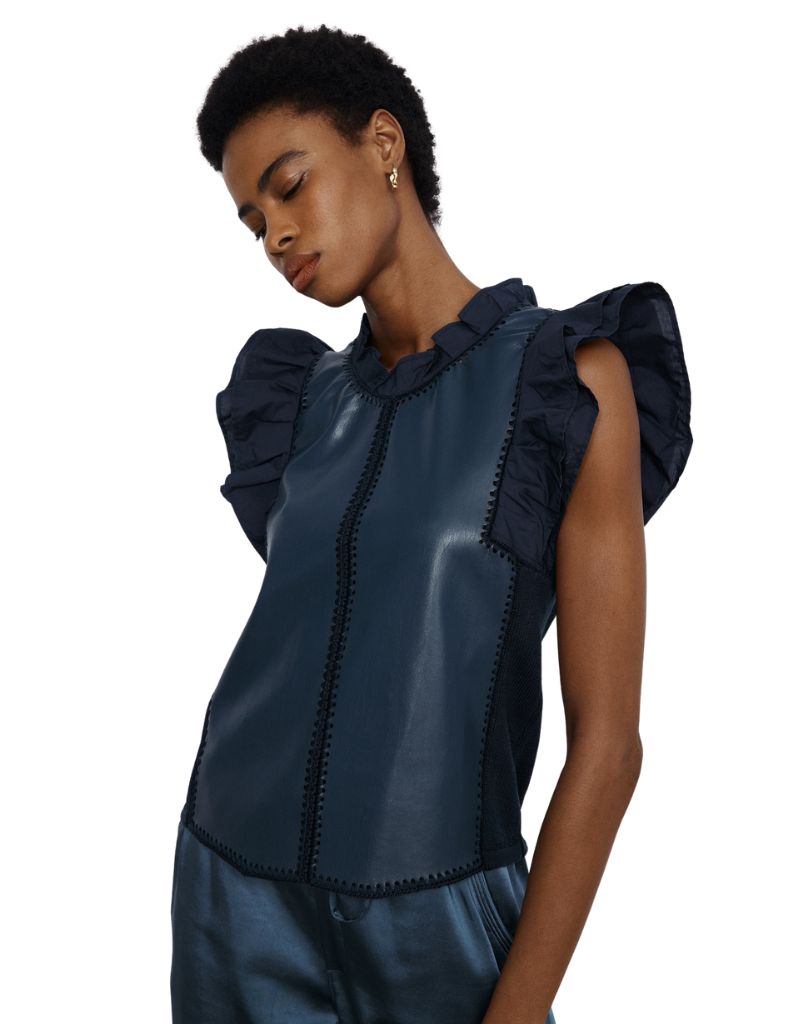 Melissa Nepton Rider Faux Leather Blouse Midnight Navy